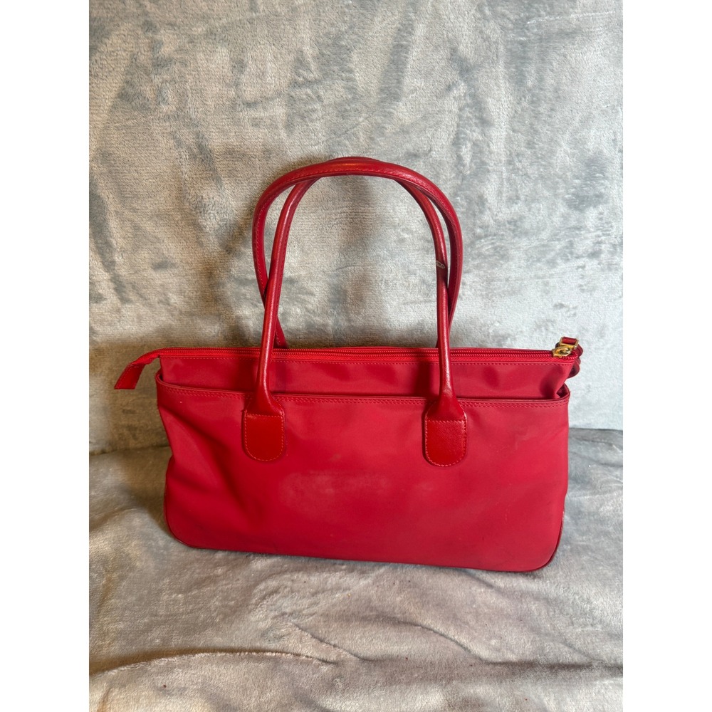Lancel Tote Bag Womens Medium Red Excellent Nylon Leather Trim Shoulder Bag